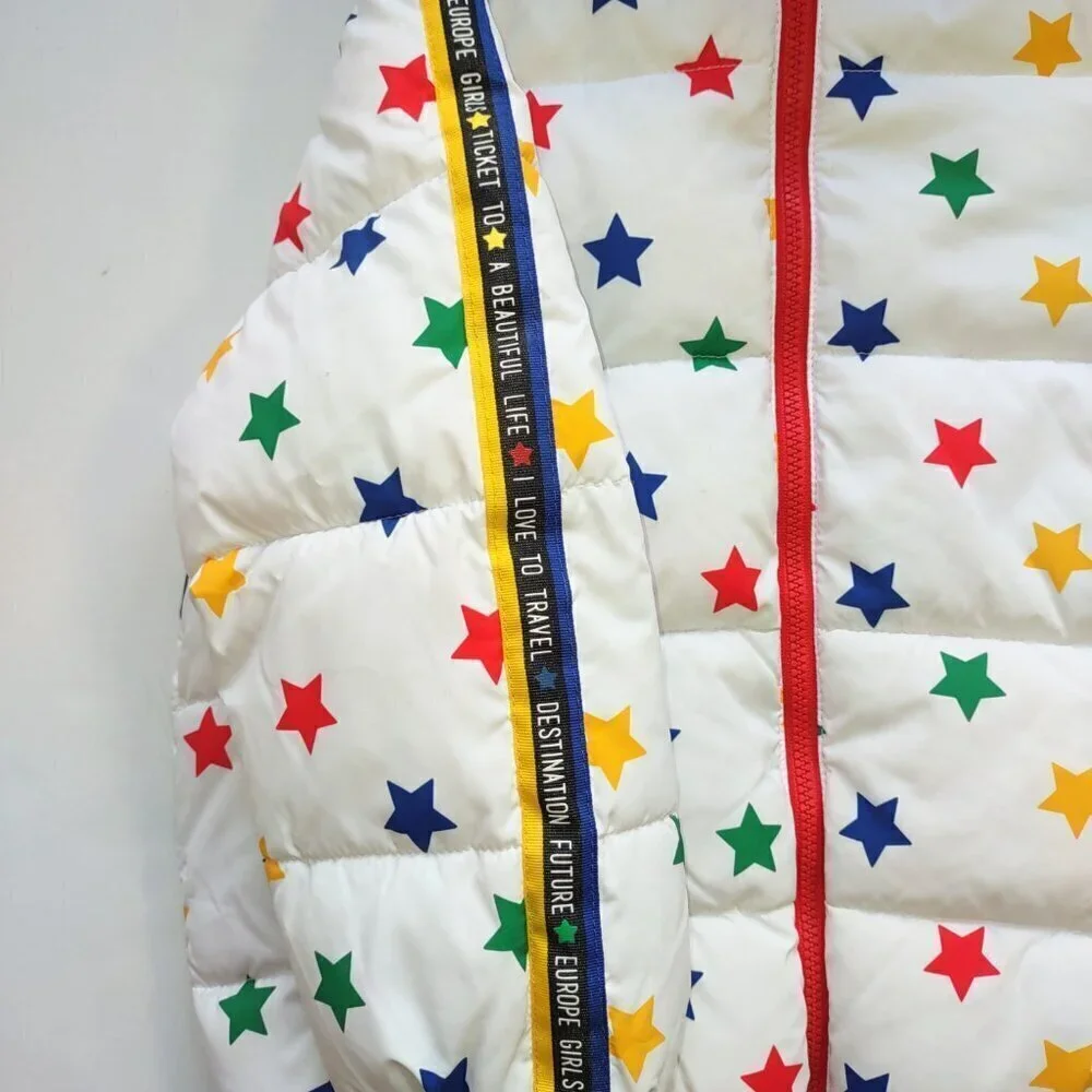 United Colors Benetton Girl's Puffer Jacket Full Zip Multicolor Stars Sz 3-4 Yrs